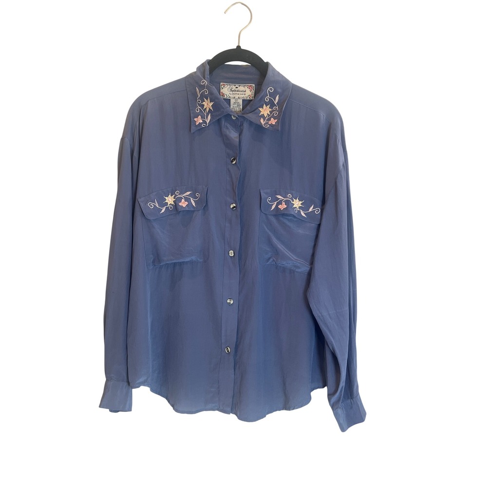 Sophisticates Jonathan Martin Vintage‎ 100% Silk Embroidered Blouse Blue Medium